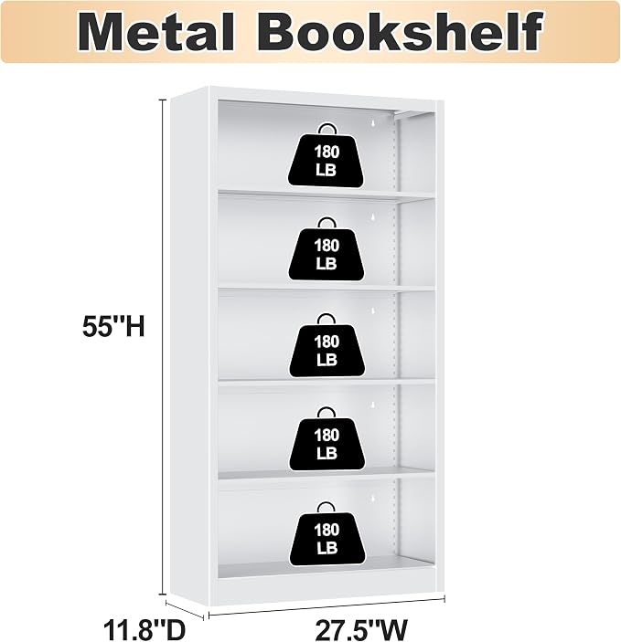 OSEILLC Bookcase,5 Tier White Bookshelves,55" Tall Free Standing Metal Bookcase with Adjustable Storage Shelves, Wide Bookshelf for Bedroom Living Room Home Office School (White)