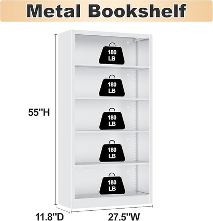 OSEILLC Bookcase,5 Tier White Bookshelves,55" Tall Free Standing Metal Bookcase with Adjustable Storage Shelves, Wide Bookshelf for Bedroom Living Room Home Office School (White)