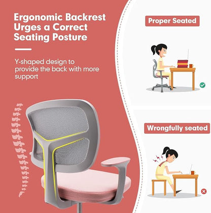 Kids Desk Chair, Height Adjustable Children Study Chair w/Lumbar Support, Swivel Mesh Seat, Universal Casters, Ergonomic Kids Task Chair for Boys Girls Aged 3-10, Home, School, Office (Pink)