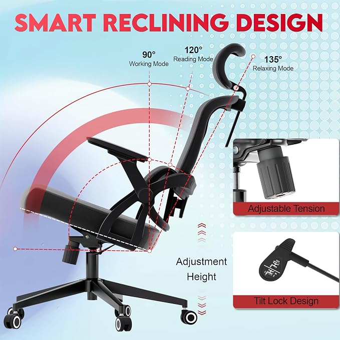 Ergonomic Office Chair - 400LB Comfy Desk Chairs with Adjustable Headrest and Lumbar Back Support, Mesh Computer Chairs with Wheels and Arms for Home Office, Study (218Gray-With Headrest)