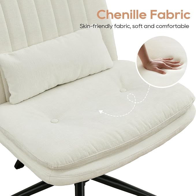 IPKIG Criss Cross Chair, Small Armless Desk Office Computer Chair with Wheels and Lumbar Pillow, Comfy Adjustable Swivel Task Vanity Chair Chenille, White