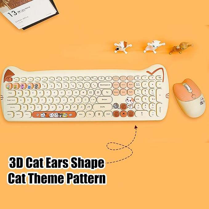 Cute Cat 2.4G USB Wireless Keyboard and Mouse Combo, Silent Keys, Candy Colors, Compatible with Notebook, PC (MilkTea-110Keys)