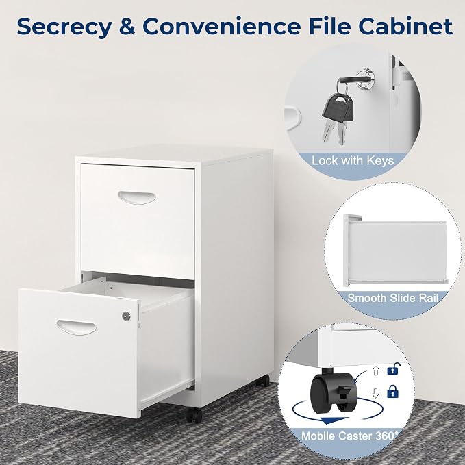 UNICOLY 2 Drawer File Cabinet with Lock, Filing Cabinets with Wheels, Rolling File Cabinets for Home Office, Metal Office File Cabinet, for Holding Letters and File Boxes, Assembly Required, White
