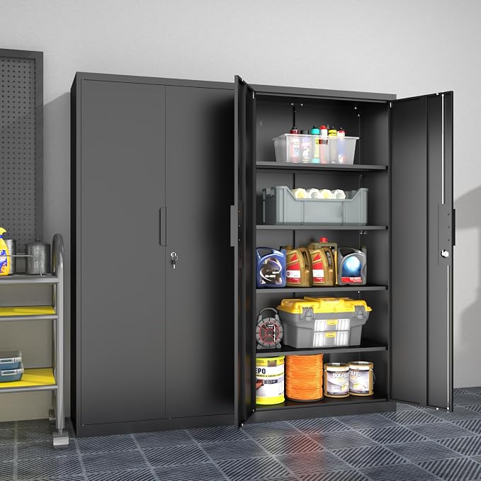 Tall Steel Garage Storage Cabinet with Lock - 72" H Heavy Duty Metal Storage Locker with 4 Adjustable Shelves for Home, Office, Black