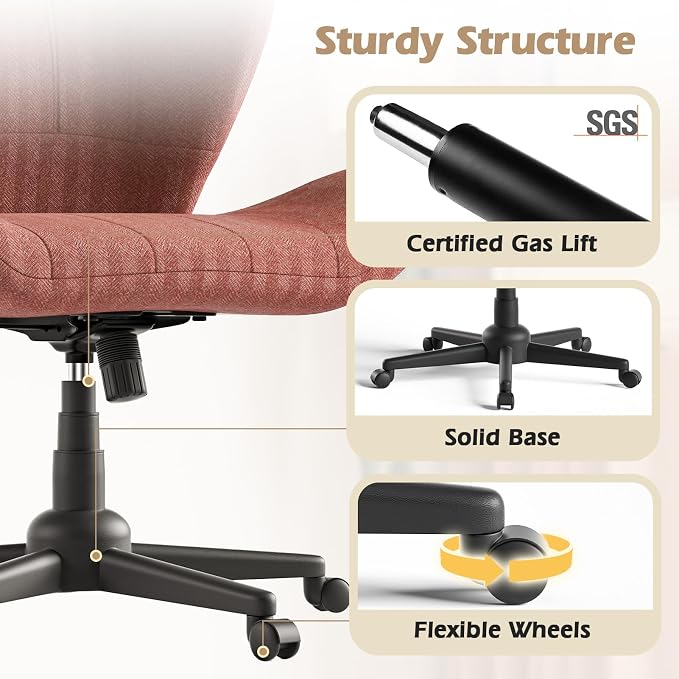 ZZW Criss Cross Chair with Wheels, Wide Cross Legged Office Chair Armless Comfy Desk Chair with Tall Back Vanity Chairs with Stress Relief Curved Design Seat for Bedroom & Office & Home Red Orange
