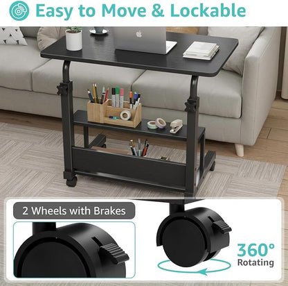 WINAZ Small Portable Rolling Kids Desk - 32" Mobile Laptop Desk with Wheels for Small Spaces, Height Adjustable C Shaped Side Table with 2-Tier Storage Shelves, Black
