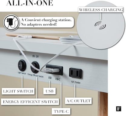 FENLO Future 39" Mid Century Modern Desk for Home Office, Office Desk with USB Charging Station, Wireless Charging, USB, USB-C Ports, White