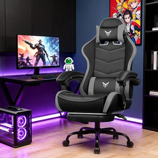 GTPLAYER Gaming Chair for Adults, Big and Tall 300LBS Heavy Duty Office Chair with Footrest, Ergonomic High Back Lumbar Support and Wide Comfy Cushion with Linkage Armrests for Home Office, Grey