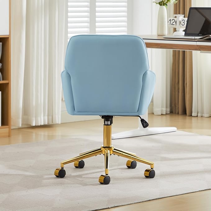 Velvet Home Office Desk Chair, Modern Cute Computer Task Chair with Back, Height Adjustable Upholstered Vanity Chair with Swivel Wheels for Women, Girls (Gold Base, Light Blue