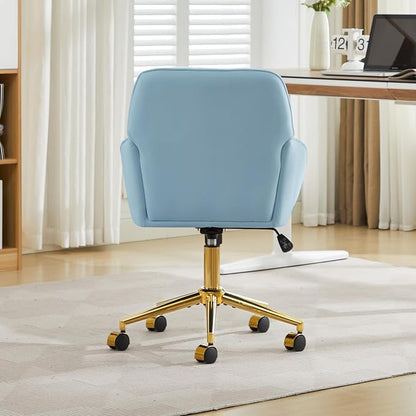 Velvet Home Office Desk Chair, Modern Cute Computer Task Chair with Back, Height Adjustable Upholstered Vanity Chair with Swivel Wheels for Women, Girls (Gold Base, Light Blue