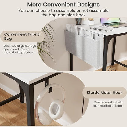COSTWAY Home Office Desk, 32 Inch Computer Desk with Recessed Power Strip, Storage Bag & Headphone Hook, Wide Desktop, Modern Computer Workstation Writing Table for Home, Office (White + Black)