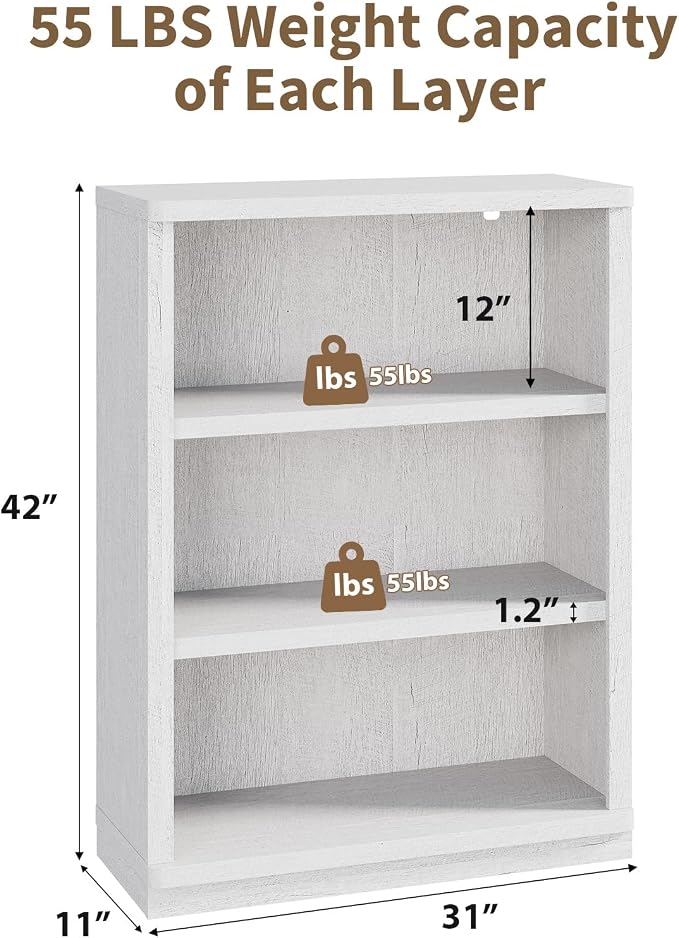 Rresyet 3 -Tier Bookcase, 42" Tall Book Shelf, 31” Wide Bookshelves, Wooden Bookcase Display Storage for Home Office, Living Room and Study Room (White)
