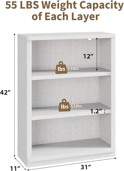Rresyet 3 -Tier Bookcase, 42" Tall Book Shelf, 31” Wide Bookshelves, Wooden Bookcase Display Storage for Home Office, Living Room and Study Room (White)