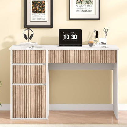 4 EVER WINNER White Desk with Drawers, 48 Inch Small Computer Desk with Storage for Small Spaces, Wood Home Office Desk for Study, Living Room, Bedroom, White