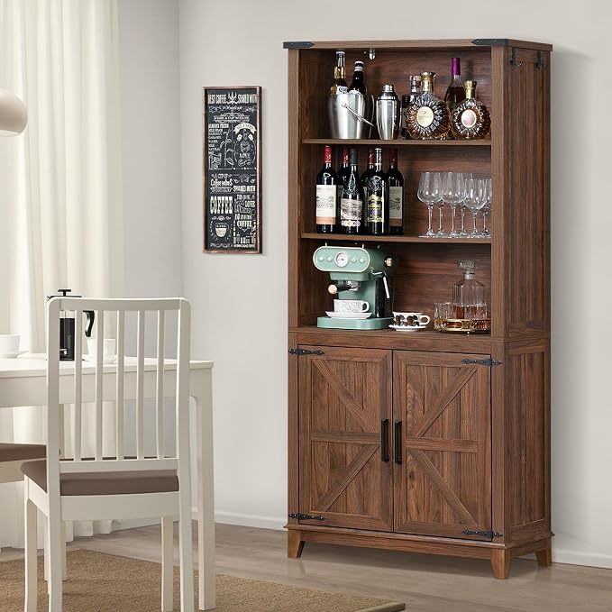 Joaxswe 70in Tall Bookshelf 5 Tier Bookcase with Barn Doors and Adjustable Shelves, Brown Farmhouse Book Shelf with Storage Cabinet, Wood Freestanding Display Bookshelves for Bedroom, Living Room