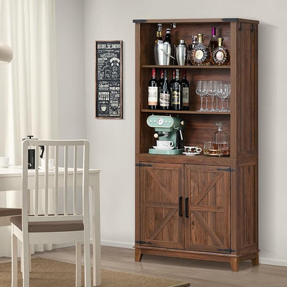 Joaxswe 70in Tall Bookshelf 5 Tier Bookcase with Barn Doors and Adjustable Shelves, Brown Farmhouse Book Shelf with Storage Cabinet, Wood Freestanding Display Bookshelves for Bedroom, Kitchen (2PCS)