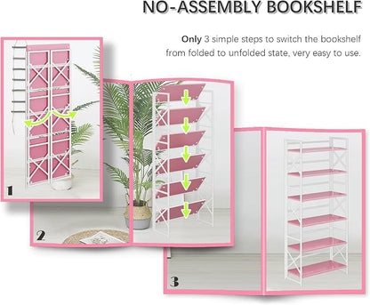 4NM 6 Tiers No Assembly Book Shelves, 61.8" H Folding Bookshelf Bookcase Open Industrial Foldable Shelves for Bedroom, Living Room, Home Office - Pink White