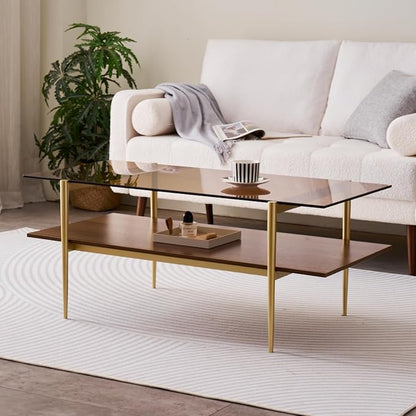 LumFurn Rectangle Coffee Table, Mid-Century Modern Design, L41 W21 x H17, for Living Room, 2-Tier Structure, Amber Glass Top and Walnut MDF Shelf, Sleek Conical Metal Legs with Gold Finish