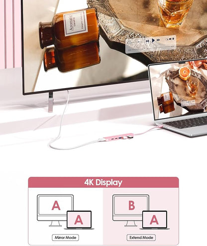 LENTION 6-in-1 USB C Hub, 4K@60Hz HDMI, 100W PD, 3 USB 3.0, USB-C Data | Ideal for Work & Study, Stable Driver 3.0 Certified, Compatible with macOS, iOS/iPadOS, Windows & ChromeOS (CE35p, Rose Gold)