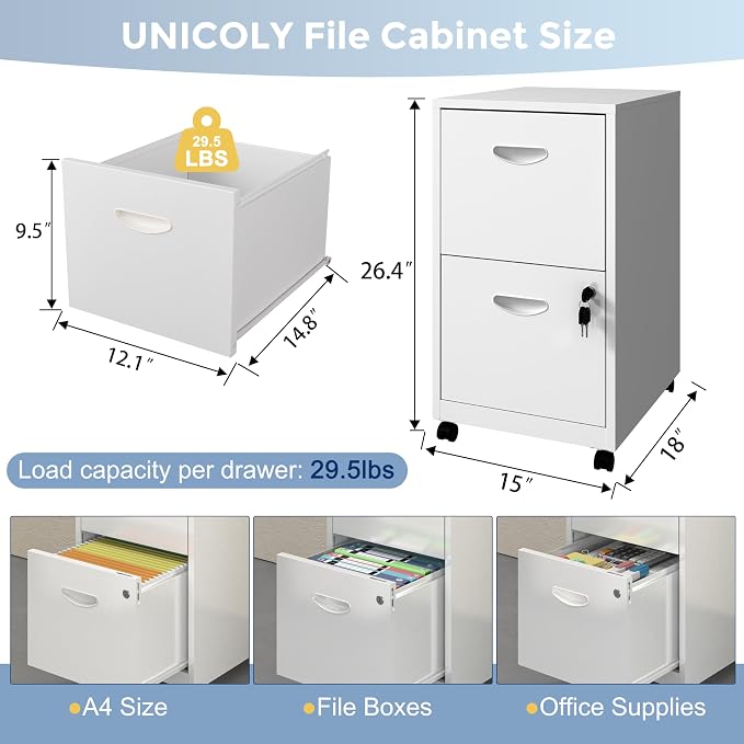 UNICOLY 2 Drawer File Cabinet with Lock, Filing Cabinets with Wheels, Rolling File Cabinets for Home Office, Metal Office File Cabinet, for Holding Letters and File Boxes, Assembly Required, White