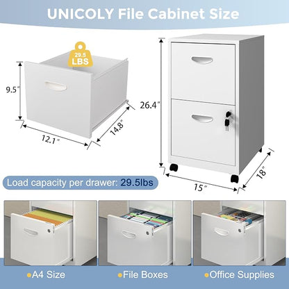 UNICOLY 2 Drawer File Cabinet with Lock, Filing Cabinets with Wheels, Rolling File Cabinets for Home Office, Metal Office File Cabinet, for Holding Letters and File Boxes, Assembly Required, White