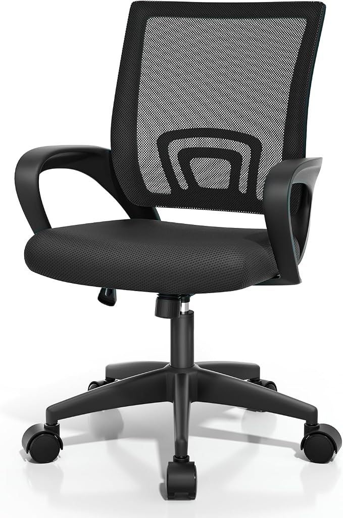 Magshion Ergonomic Office Desk Chair, Mid-Back Mesh Computer Chair, Swivel Chair with Breathable Backrest & Lumbar Support, Adjustable Height for Gaming, Work, Study, 300 Lbs Capacity, Black