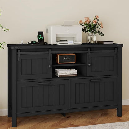 Farmhouse File Cabinet with Charging, Sliding Barn Doors & 2 Drawers, Cute Printer Stand with Open Shelf for Home Office, Remote Work, Black