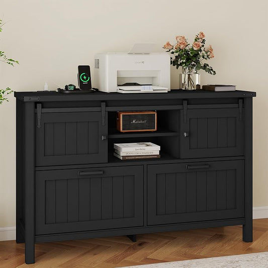 Farmhouse File Cabinet with Charging, Sliding Barn Doors & 2 Drawers, Cute Printer Stand with Open Shelf for Home Office, Remote Work, Black