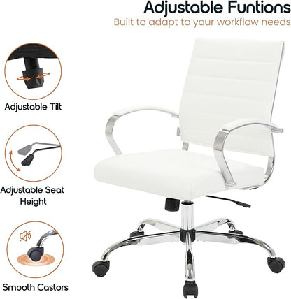 LeisureMod Benmar Leather Office Desk Chair, Mid-Back Ergonomic Swivel Chair with Lumbar Support, Adjustable Height, Tilt Lock, Cushioned Seat & Back, Home Office Task Chair (White, Pallet)