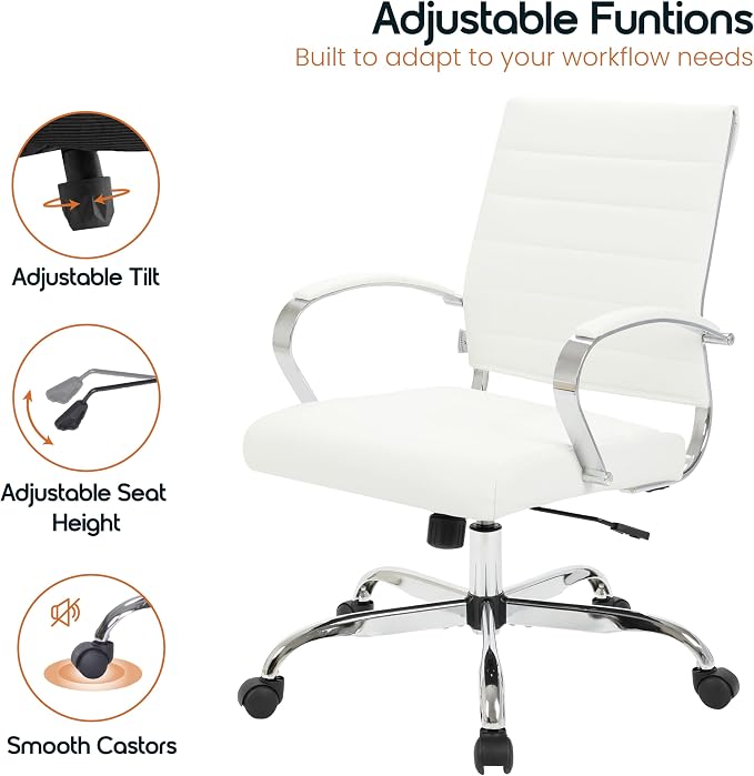 LeisureMod Benmar Leather Office Desk Chair, Mid-Back Ergonomic Swivel Chair with Lumbar Support, Adjustable Height, Tilt Lock, Cushioned Seat & Back, Home Office Task Chair (White, Set of 4)