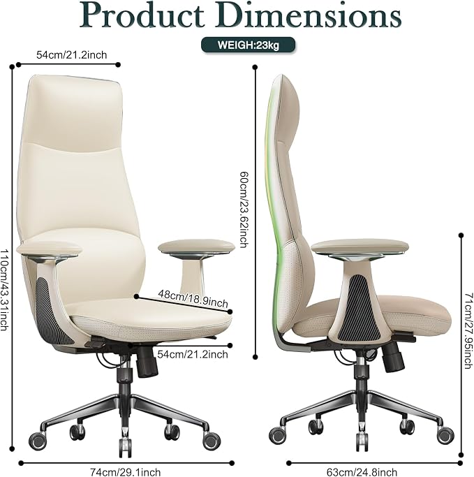 Ergonomic Genuine Leather Office Chair, Executive Chair with Tilt Adjustable High Back and Lumbar Support, 400lbs Weight Capacity Metal Base with 360° Flexible Wheels (White)