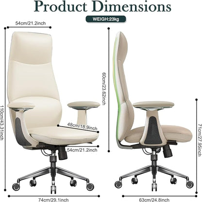 Ergonomic Genuine Leather Office Chair, Executive Chair with Tilt Adjustable High Back and Lumbar Support, 400lbs Weight Capacity Metal Base with 360° Flexible Wheels (White)