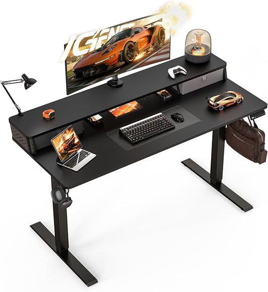 Electric Standing Desk with Two Drawers,55 x 24 Inch Sit Stand Desk Adjustable Height, Stand Up Desk with Storage Shelf, Computer Workstation for Home Office, Black