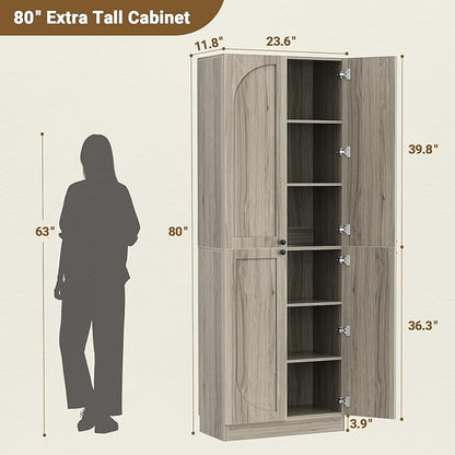 Cyclysio Storage Cabinet Set of 2, 80" Tall Arched Bookcase with 4 Soft Close Doors, 12-Tier Wooden 2 Set Pantry with Adjustable Shelves, Seamless Fit Wall for Home Office, Living Room, Kitchen
