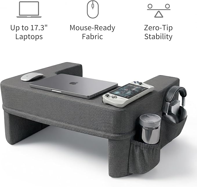 septsun Soft Lap Desk Pillow for Laptop & Gaming,Arm Rest Laptop Lap Desk for Bed Couch with Cup Holder & Pocket,Ultimate Reading Pillow for Lap(Dark Gray, Large)