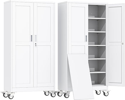 erosoei 74" H Metal Garage Storage Cabinet, Rolling Tool Cabinet with 2 Doors and Wheels, Locker Steel Cabinet with 5 Adjustable Shelves, Organization Cabinet for Garage,Office,Home,Gym,School（White）