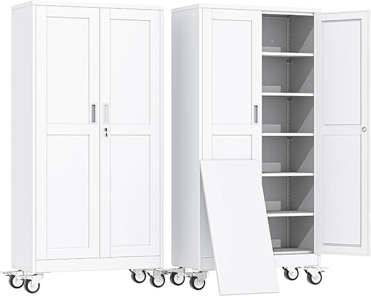 erosoei 74" H Metal Garage Storage Cabinet, Rolling Tool Cabinet with 2 Doors and Wheels, Locker Steel Cabinet with 5 Adjustable Shelves, Organization Cabinet for Garage,Office,Home,Gym,School（White）