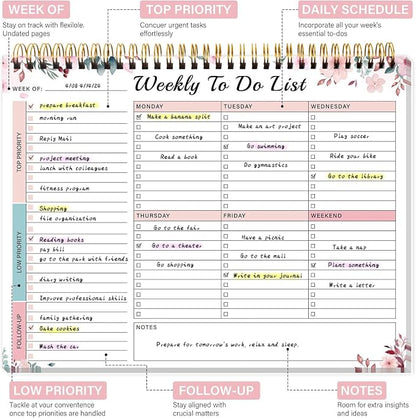 Weekly To Do List Notepad with 52 Undated Sheets（8.5"×11"）- Undated Weekly Desk Planner for Women & Man, School/Office Supplies