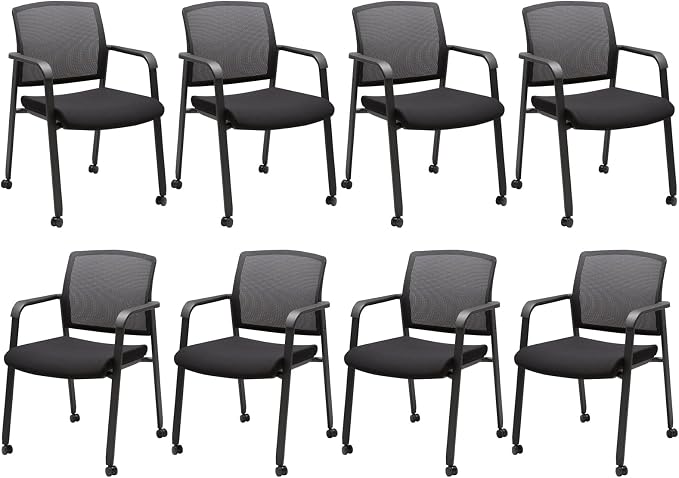 CLATINA Rolling Conference Room Chairs Set of 8, Stackable Office Guest Reception Chair with Armrests and Wheels, Mesh Back Waiting Room Stools for Office, School, Lobby, Church, Black