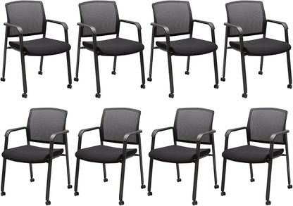 CLATINA Rolling Conference Room Chairs Set of 8, Stackable Office Guest Reception Chair with Armrests and Wheels, Mesh Back Waiting Room Stools for Office, School, Lobby, Church, Black