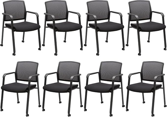 CLATINA Rolling Conference Room Chairs Set of 8, Stackable Office Guest Reception Chair with Armrests and Wheels, Mesh Back Waiting Room Stools for Office, School, Lobby, Church, Black
