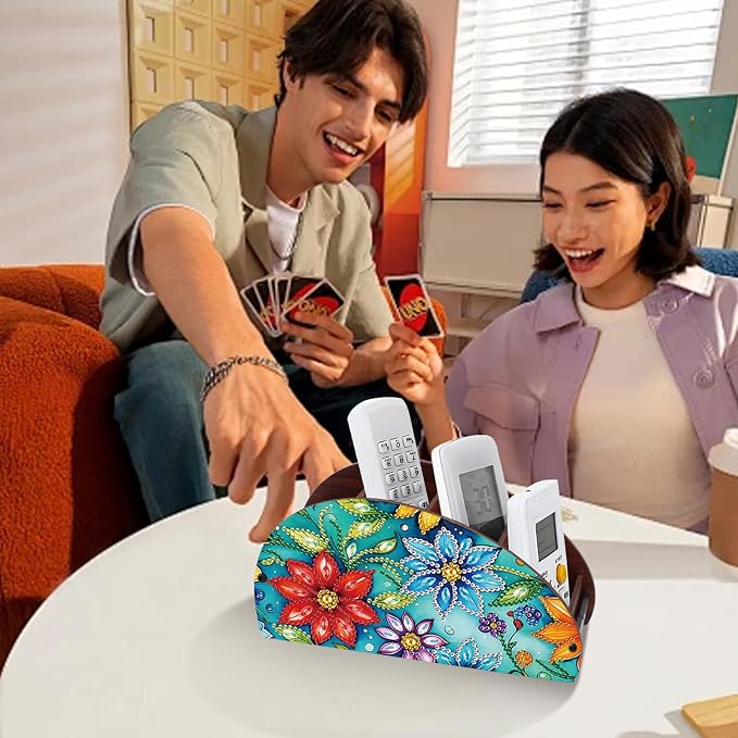 DIY Diamond Painting Storage Box Floral Design Multi-Compartment Wooden Organizer for TV AC Remotes, Makeup Brushes, Pens, Desktop Tabletop Craft Storage