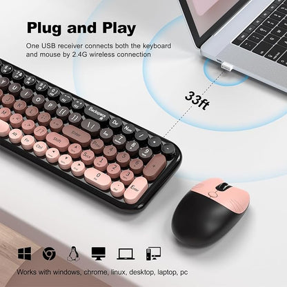 Wireless Keyboard and Mouse Combo, Meidosa 2.4GHz Colorful Full-Size Retro Typewriter Keyboard with Cat Shape 3 Level Adjustable Optical Mouse for PC/Desktop/Laptop/Windows (Black Berry)