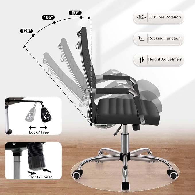 Shahoo Ribbed Office Chair, Mid-Back PU Leather Office Chair Executive Task Chair with 360° Swivel Wheels for Conference Room, Home Offices (Black)