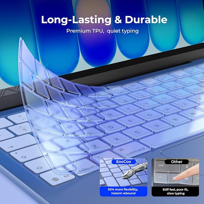 EooCoo Premium Keyboard Cover Skin Protector, Laptop Accessories Compatible with 2026 2025 2024 2023 2022 2021 M5-M1 Pro/Max MacBook Pro 14/16, M5-M2 MacBook Air 13/15, 2026 Mac Neo 13, Indigo Clear