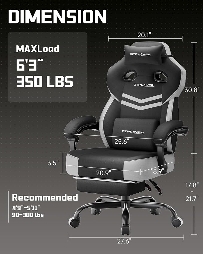 GTPLAYER Big & Tall Gaming Chair, 90°-155° Adjustable Reclining Office Seat with Footrest, Ergonomic Comfy Computer Desk Chair for Adults, Home Office Gaming Study Use, Black & LightGray