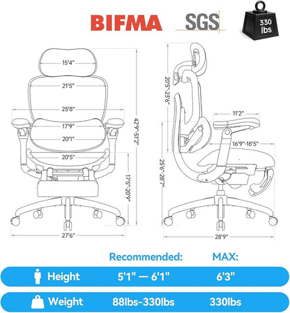 SIHOO Doro C300 Pro V2 Ergonomic Office Chair with Footrest & Full-Body Adaptive Support, 8D Armrests & Breathable Mesh, Comfy High Back Computer Desk Chair for Long Hours, 135° Recline (Jet Black)