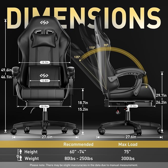 HLDIRECT Gaming Chair, Ergonomic Computer Office Chair with Lumbar Support Footrest Headrest, Adjustable Height & Backrest Angle Video Gamer Chair, PU Leather, 360° Swivel, Adult (Black)