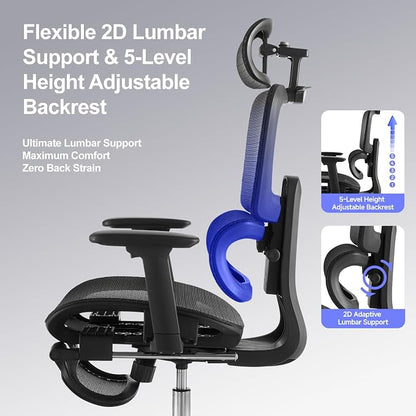 Office Chair with Footrest, Ergonomic Chair with Neck Pillow & Rubber Wheels, Computer Chair with Adjustable Backrest & 3D Armrests Headrest, Gaming Chair Adaptive Lumbar Support, Black