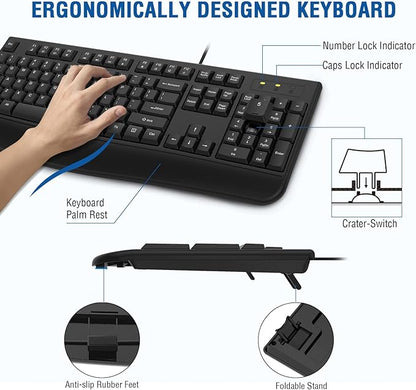 Wired Keyboard and Mouse Combo, EDJO Full-Sized Ergonomic Computer Keyboard with Palm Rest and Optical Wired Mouse for Windows, Mac OS Desktop/Laptop/PC (2 Pack)
